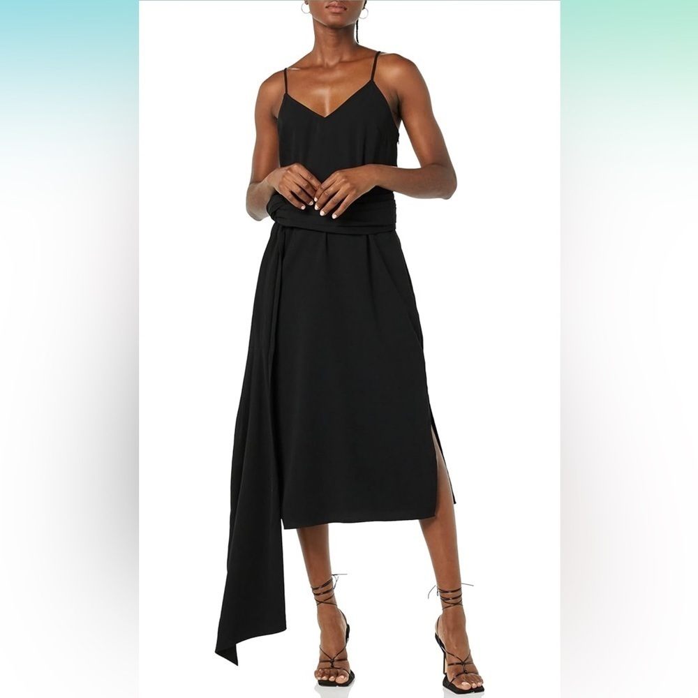 MAKING THE CUT Draped Shoulder Sash Wrapped Black Midi Dress,Women’s Sz S